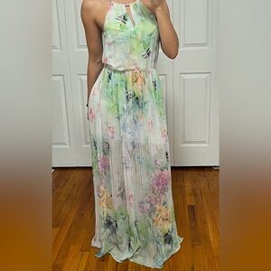 Pastel Floral Pleated Maxi Dress